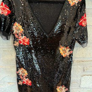 Zara Floral Black Sequins T-Shirt Dress